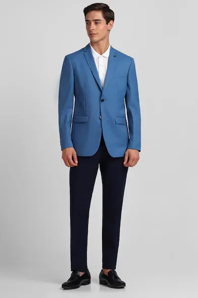 Men Blue Slim Fit Solid Casual Blazer